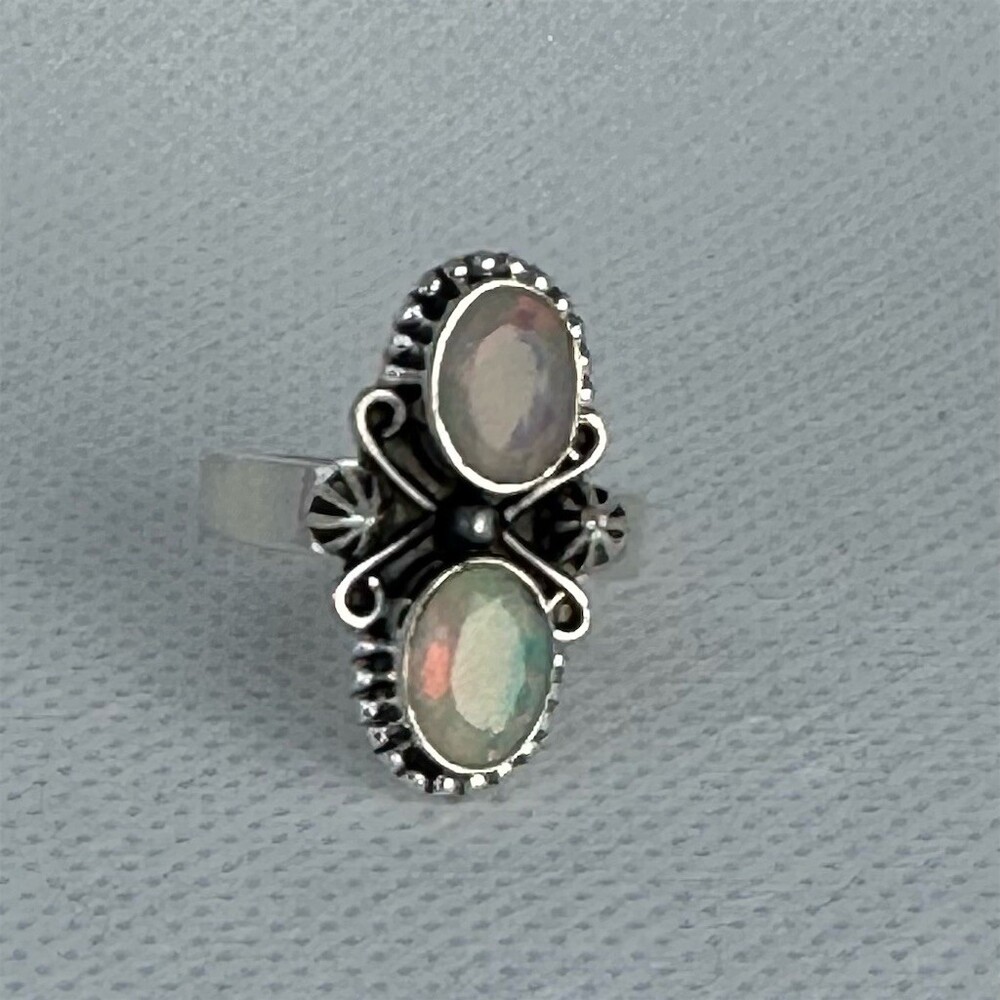 Faceted Opal Double Oval Scrollwork Bypass Ring Size 7 Multicolor - Picture 3 of 5